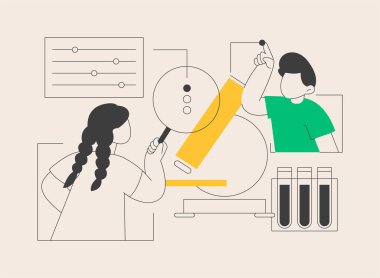 Bilim kampı soyut konsept vektör çizimi. Bilim yaz kampı, genç bilim adamları dersleri, laboratuvar testleri, çocuklar için tematik tatil, açık hava çalışmaları, soyut metafor deneyleri..