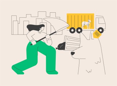 Hayvan Kontrol Servisi soyut konsept vektör çizimi. Hayvan nüfusu kontrolü, kurtarma servisi, sokak köpekleri ve kedilerinin yakalanması, cesetlerin taşınması, kentsel sorunlar soyut metafor..