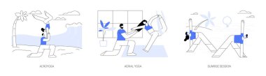 Yoga tipleri izole edilmiş çizgi film vektör çizimleri. Sahilde akroyoga, hava yogası eğitimi, gün doğumu seansı, esneklik ve konsantrasyon, sağlıklı yaşam tarzı vektör karikatürü..