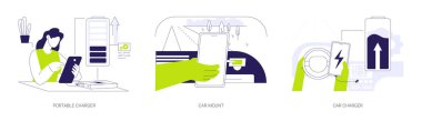Akıllı telefon aksesuarları soyut konsept vektör illüstrasyon seti. Taşınabilir şarj aleti, araba montajı, cihazlar için otomotiv şarjı, güç bankası, mobil modern dijital teknoloji soyut metafor.