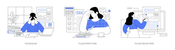 Filing Taxes Isolated Cartoon Vector Illustrations Set Frustrated Person Tax — Stok Vektör