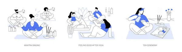 Yoga Práctica Aislado Ilustraciones Vectoriales Dibujos Animados Conjunto Mantra Cantando — Vector de stock