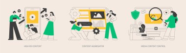 Kütle medya soyut konsept vektör çizimi seti. Yüksek ROI içeriği, haber toplayıcı yazılımı, medya içeriği kontrolü ve izleme, dijital strateji, sosyal medya soyut metaforu.