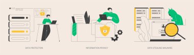 Dijital güvenlik soyut konsept vektör çizimi seti. Veri koruması, bilgi gizliliği, veri hırsızlığı kötü amaçlı yazılım, hacker saldırısı, siber suç, erişim politikası, gizlilik soyut metaforu.