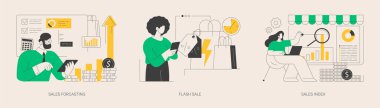 Gelir yönetimi soyut konsept vektör çizimi seti. Satışlar forcasting and index, flash sale, special offer, e-ticaret mağazası promosyonu, kar analizi, perakende gelir soyut metaforu.