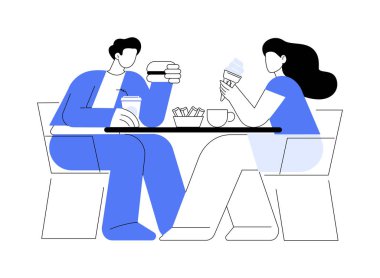 Hızlı öğle yemeği karikatür vektör çizimleri. Kafede oturan mutlu çift, lezzetli sandviçler yiyor, açık hava yiyor, birlikte öğle yemeği yiyor, şehir yaşam tarzı vektör karikatürü çiziyor..