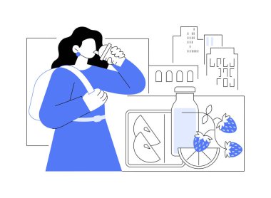 Vitamin kokteylleri izole edilmiş çizgi film çizimleri. Güzel kız dışarıda sağlıklı kokteyller içiyor, sokakta yürürken dışarıda yemek yiyor, kentsel yaşam tarzı çizgi filmi çiziyor..