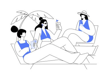Hafta sonu karikatür çizimleri. Bir grup güler yüzlü kız sahilde güneşlenir ve kokteyl içer, yaz haftasonu, rahatlama havası, arkadaş çizgi filmiyle eğlenir..
