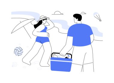 Plaj pikniği karikatür vektör çizimleri. Genç arkadaşlar plajda piknik yaparlar, yaz tatilleri, şehir yaşam tarzı, açık hava aktiviteleri, hafta sonu vektör karikatürü..