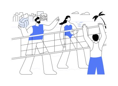 Plaj voleybolu karikatür vektör çizimleri. Bir grup insan plajda voleybol oynuyor, aktif yaşam tarzı, dinlenme günü, yaz tatili, boş zaman çizelgesi..