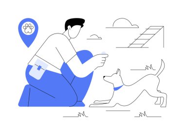 Köpeğinizi eğitmek karikatür vektör çizimlerini izole etmek. Küçük çocuk sevimli köpeğini eğitiyor, hayvan sever, hayvan sahibi, düzenli seanslar, yavru köpeklerle birlikte zaman geçiriyor..