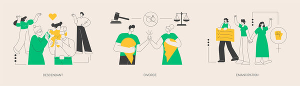Семейные роли абстрактный набор векторных иллюстраций. Отношения между потомками и поколениями, развод родителей, эмансипация и социальные равные права, разделение брака абстрактная метафора.