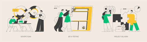 Набор абстрактных концептуальных векторных иллюстраций. Команда DevOps, бета-тестирование, планирование и реализация проектов, время и бюджет, гибкий рабочий процесс, программное обеспечение службы поддержки, требования к заданиям и метафора.