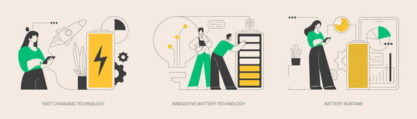 Управление питанием Гаджет абстрактный концепт векторный набор иллюстраций. Быстрая зарядка технологии, инновационные время работы аккумулятора, USB подзарядки, высокая энергетическая емкость, длительный срок службы, прочность абстрактной метафоры.