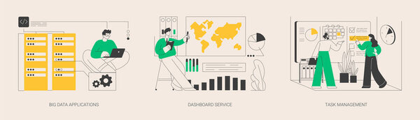 Аналитика больших данных абстрактный набор векторных иллюстраций концепции. Приложения больших данных, служба приборной панели, управление задачами, онлайновая отчетность, метрика данных, абстрактная метафора проектирования баз данных.