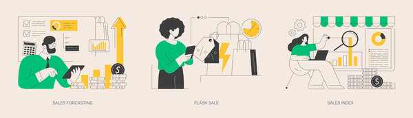 Управление доходами Абстрактный набор векторных иллюстраций концепции. Форкастинг и индекс продаж, флэш-продажа, специальное предложение, продвижение магазина электронной коммерции, анализ прибыли, абстрактная метафора розничного дохода.