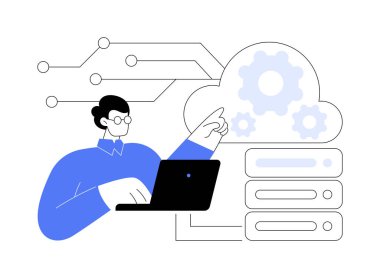 Bulut altyapı mühendisi karikatür vektör çizimlerini izole etti. Profesyonel uzman bulut ağlarıyla uğraşır, veri tabanı çalışanı dizüstü bilgisayarla, endüstriyel vektör karikatürleriyle uğraşır..