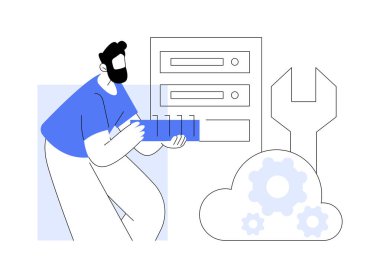 Veri tabanı teknisyeni karikatür vektör çizimleri izole etti. Profesyonel teknisyen veri tabanı sistemini, bakım sürecini, sorun çıkaran ekipmanları, bilgisayar endüstrisi vektör karikatürünü tamir ediyor..