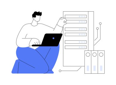 Ağ sistemi yöneticisi karikatür vektör çizimlerini izole etti. Profesyonel sistem donanım bakımı, ağ yönetimi, bilişim teknolojisi, işlem süreci vektör karikatürü ile ilgilenir.