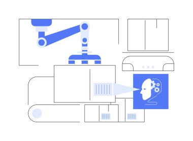 Tedarik zinciri soyut konsept vektör illüstrasyonunda Al-Manned Robotics. Tedarik zinciri yönetimi. AI güdümlü robot siparişi toplama, paketleme ve depo yönetimi. soyut metafor.