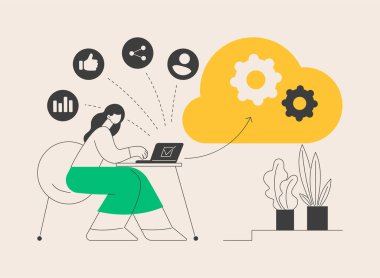 Bulut tabanlı motor soyut konsept vektör çizimi. Bir hizmet, sanal makine uygulaması, sağlayıcı, talep üzerine bulut tabanlı motor, yazılım bilgisayar soyut metaforu olarak altyapı.