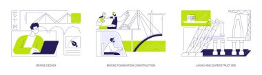 Bridge building abstract concept vector illustration set. Bridge design and foundation construction, launching superstructure, professional architect software, floating crane abstract metaphor.