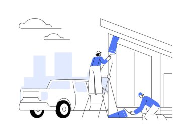 Profesyonel duvar boyası soyut konsept vektör çizimi. Yeni özel evin duvarlarını boyayan bir grup profesyonel müteahhit, konut inşaatı, dış metafor.