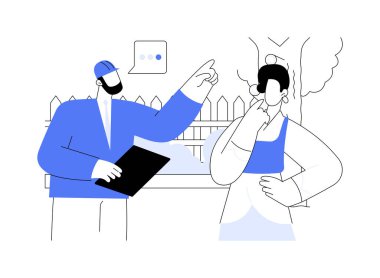 Peyzaj değerlendirmesi soyut konsept vektör çizimi. Profesyonel peyzaj tasarımcısı projeyi müşteri, bahçe tasarımı planı, peyzaj mimarı soyut metaforu huzurunda değerlendirir..