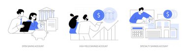 Hesaplar izole edilmiş karikatür vektör çizimleri kaydediliyor. Genç çift bankada yüksek gelirli hesap açıyor, mevduat faizi, özel amaçlı tasarruflar, bankacılık hizmeti vektör karikatürü alıyorlar..