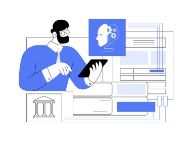 Al-Backked Legal Research soyut konsept vektör çizimi. Hukuk Hizmetleri. Dava hukuku ve tüzüklerinin analizi ve özeti. Yasal bilgi. AI Teknoloji. soyut metafor.