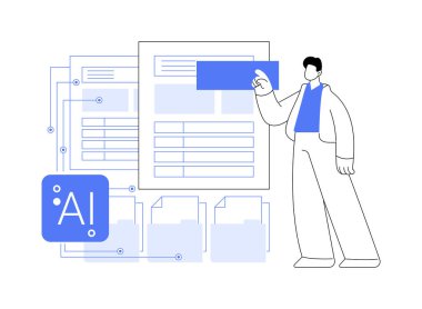 Al-Desteklenen Belge Otomasyonu soyut konsept vektör illüstrasyonu. Hukuk Hizmetleri. Yapay zeka şablonları ve araçları olan yasal belgeler. AI Teknoloji. soyut metafor.