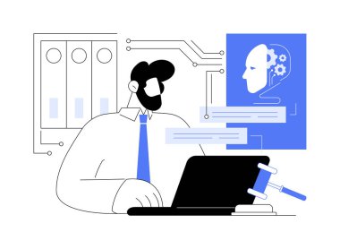 Al-Power Legal Chatbots soyut konsept vektör çizimi. Hukuk Hizmetleri. Müşterilere hukuki danışmanlık ve yapay zeka sohbet robotlarıyla bilgi sağlıyor. AI Teknoloji. soyut metafor.