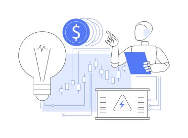 El-Akımlı Enerji Ticareti soyut konsept vektör çizimi. Enerji. Pazar yerinde enerji ticareti, AI algoritmalarıyla arz ve talebi eşleştirme. AI Teknoloji. soyut metafor.