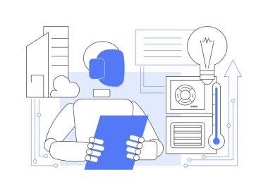 Yapısal Yapılandırma Enerjisi Yönetimi soyut konsept vektör çizimi. Enerji. HVAC, ışıklandırma ve cihazlar için sistemler enerji kullanımını optimize eder. AI Teknoloji. soyut metafor.