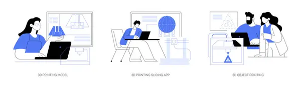 3Dプリントプロセス分離漫画ベクトルイラストセット 3Dモデル モデリングソフトウェア スライスアプリ プロトタイピングプロセス 多様な人々のグループを使用して建築家オブジェクトベクトル漫画を印刷 ストックベクター
