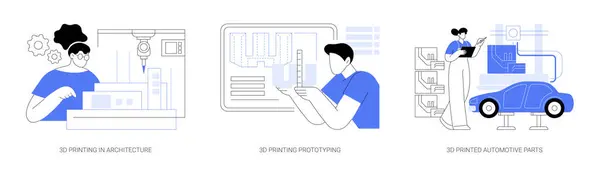 ビジネス隔離された漫画のベクトルイラストセットで3Dプリント 建築モデル 三次元プロジェクトプレゼンテーション エンジニアリングのプロトタイピング 印刷された自動車部品ベクトル漫画 ロイヤリティフリーストックベクター