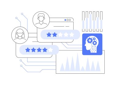 Gelişmiş Müşteri Geribildirim Analizi, soyut konsept vektör çizimi. E-ticaret. Müşteri değerlendirmelerini ve geri bildirimlerini yapay zeka analiz araçlarıyla analiz et. AI Teknoloji. soyut metafor.