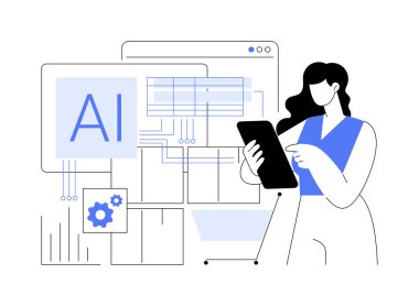 AI-Güçlü Öngörü Stoklama soyut konsept vektör çizimi. E-ticaret. Ürün talebini tahmin et ve yapay zeka analizi kullanarak stok seviyelerini optimize et. AI Teknoloji. soyut metafor.