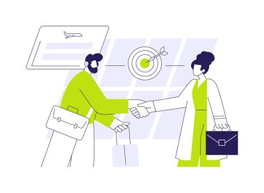 Havaalanı toplantı odası soyut konsept vektör çizimi. Müzakerelerde yüz yüze görüşmeler yapan çok ırklı insanlar, birinci sınıf seyahatler, soyut metaforla karşılaşan farklı ortaklar.