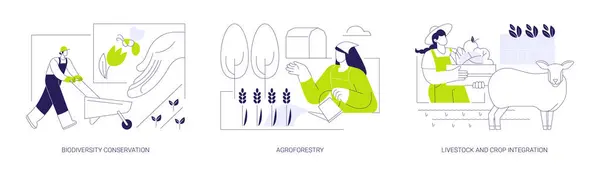 Set Illustrazioni Astratte Del Concetto Agricoltura Sostenibile Conservazione Della Biodiversità — Vettoriale Stock