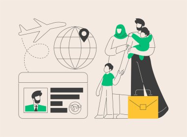 Göçmenlik kavramı soyut vektör çizimi. Uluslararası insan dolaşımı, oturma izni, çalışma vizesi, uçuş kontrolü, imza belgeleri, pasaport, yeşil kart soyut metaforu.