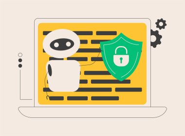 Endüstriyel siber güvenlik soyut konsept vektör çizimi. Endüstriyel veri koruması, şirket siber güvenliği, robotik zararlı yazılım savunması, güvenlik bilgileri ve makineler soyut metafor.