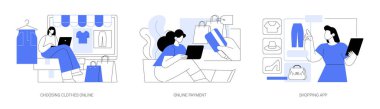 Çevrimiçi alışveriş izole çizgi film çizimleri ayarlandı. Online giyim mağazasından kıyafet seçmek, plastik kartla ödeme yapmak, dizüstü bilgisayarla oturmak, internet mağazası mobil uygulama karikatürü.