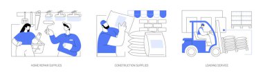 Donanım süpermarketi karikatür vektör çizimleri seti. Ev onarım araçları, inşaat malzemeleri seçen işçiler, DIY mağaza yükleme servisi, yükleyici vektör karikatürü.