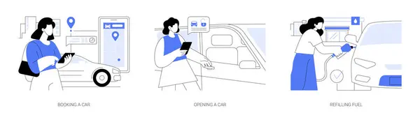 Carsharing Isoliert Cartoon Vektor Illustrationen Gesetzt Buchen Sie Ein Auto Stockvektor