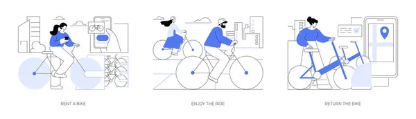 バイクレンタルアプリは 漫画ベクターのイラストセットを隔離しました スマートフォンアプリで自転車を借りる人 幸せなカップルは乗り心地 駅に戻る スマートシティ輸送ベクター漫画 ロイヤリティフリーのストックイラスト