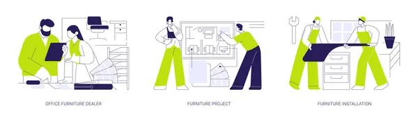 Möbelhändler Geschäft Abstraktes Konzept Vektor Illustrationsset Büromöbelhändler Raumsanierungsprojekt Tischmontage Und Stockvektor