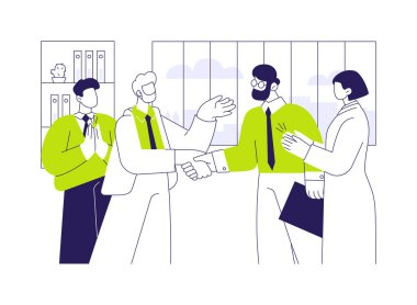 Başarılı müzakereler soyut konsept vektör illüstrasyonu. Müzakerelerdeki çok ırklı insanlar grubu, başarılı uluslararası anlaşma, iş seyahati, soyut metafora ulaşma.