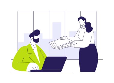 Genel Sekreter soyut konsept vektör çizimi. Sekreter patrona belgeleri, iş endüstrisini, kurumsal yapıyı, şirket departmanlarını, şirket hiyerarşisi soyut metaforunu gösteriyor..