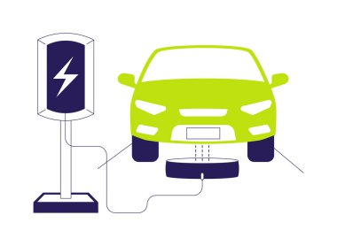 Kablosuz şarj aleti soyut konsept vektör çizimi. Kablosuz araba şarj süreci, ekoloji ortamı, sürdürülebilir şehir ulaşımı, modern elektrikli otomobil teknolojisi soyut metafor.